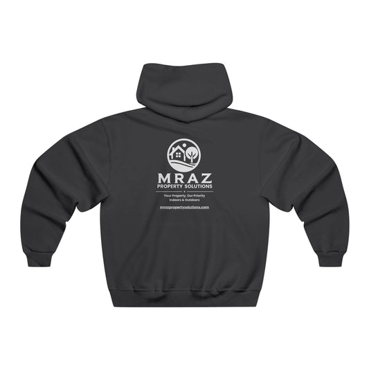 Back view of black Mraz Property Solutions hoodie featuring large white logo and website, 996MR by JERZEES.