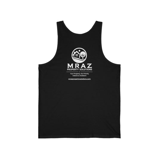 Back view of black jersey tank top with large Mraz Property Solutions logo and website branding printed in white.