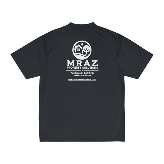 Back view of black athletic t-shirt featuring large white Mraz Property Solutions logo and company slogan.