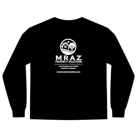 Back view of black long sleeve t-shirt with large Mraz Property Solutions logo and company slogan printed in white.